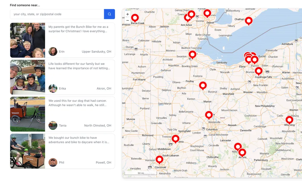 Interactive map with advocate profiles showing customer locations and filtering options