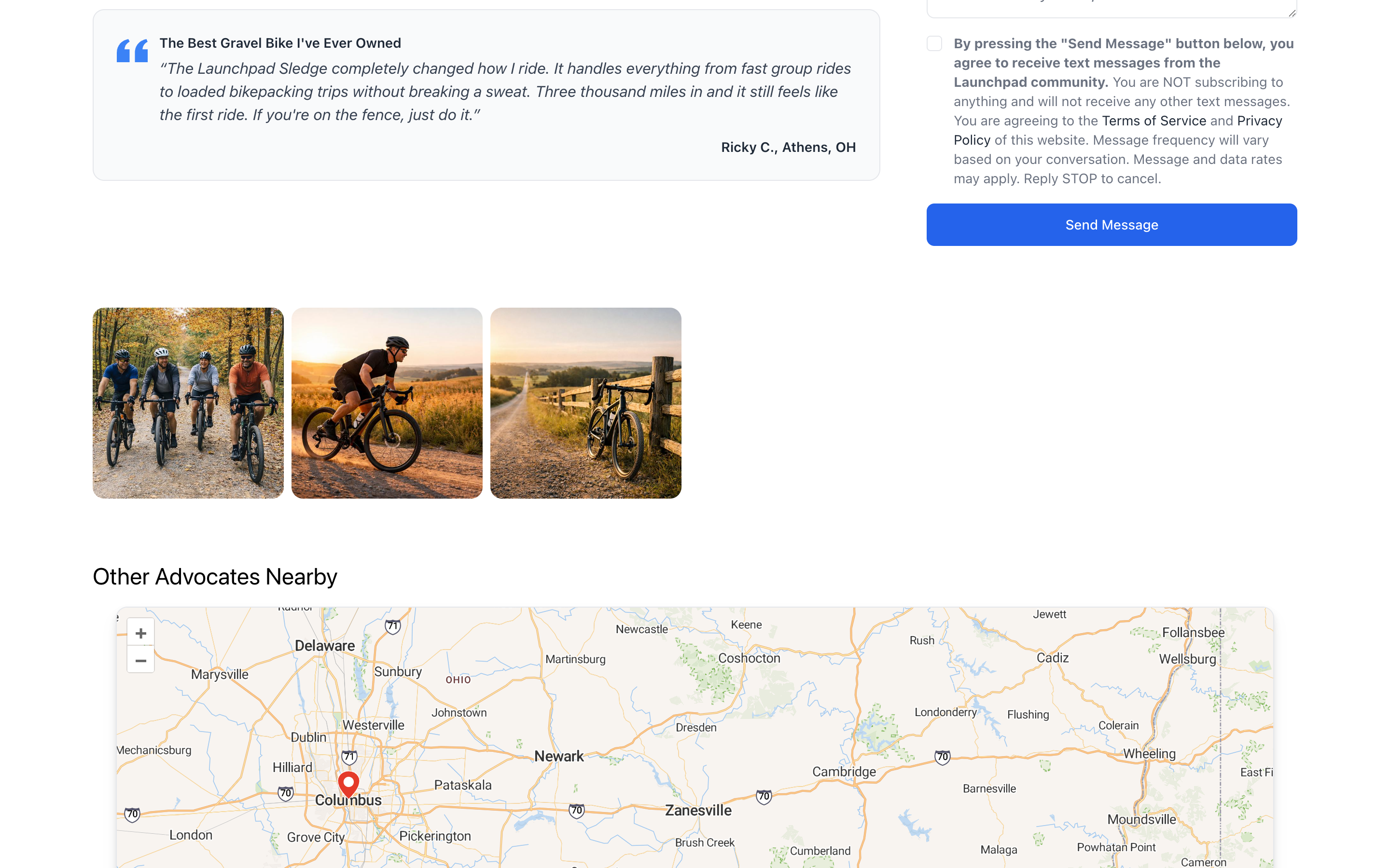 Advocate profile with photo, testimonial, and messaging form for authentic peer-to-peer connection