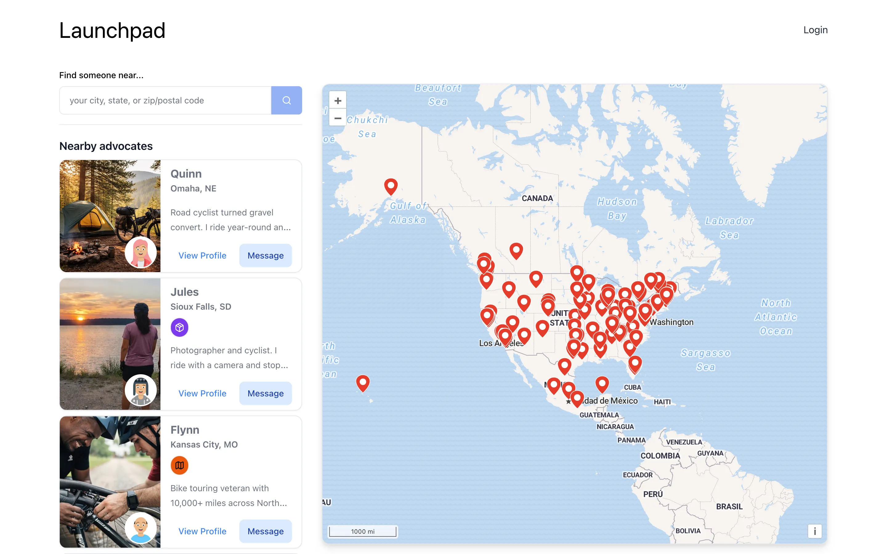 Stoked community map showing advocate locations on a branded landing page
