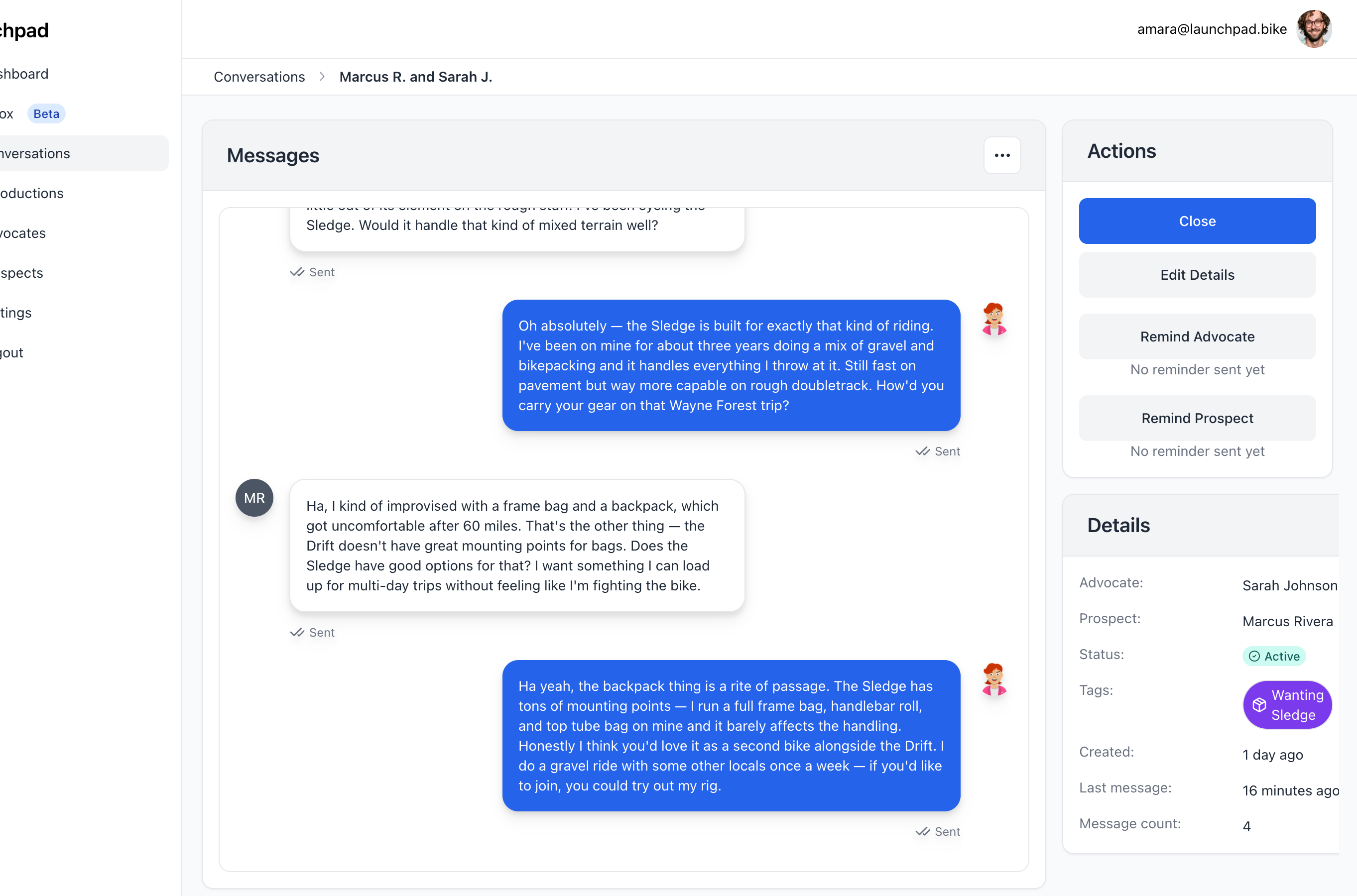 Admin view of a real SMS conversation between a prospect and advocate discussing a product