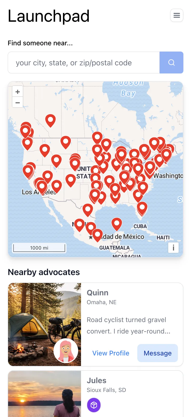 Mobile-responsive view of the Stoked community page showing advocate map on a phone screen