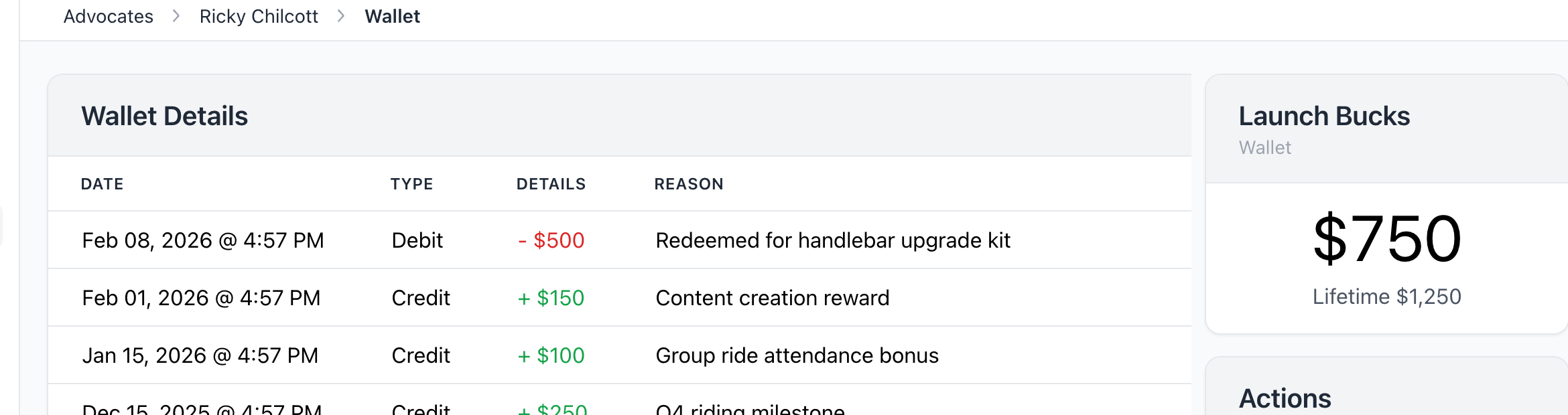 Wallet transaction history showing reward credits for referrals, content creation, and milestones alongside Launch Bucks balance