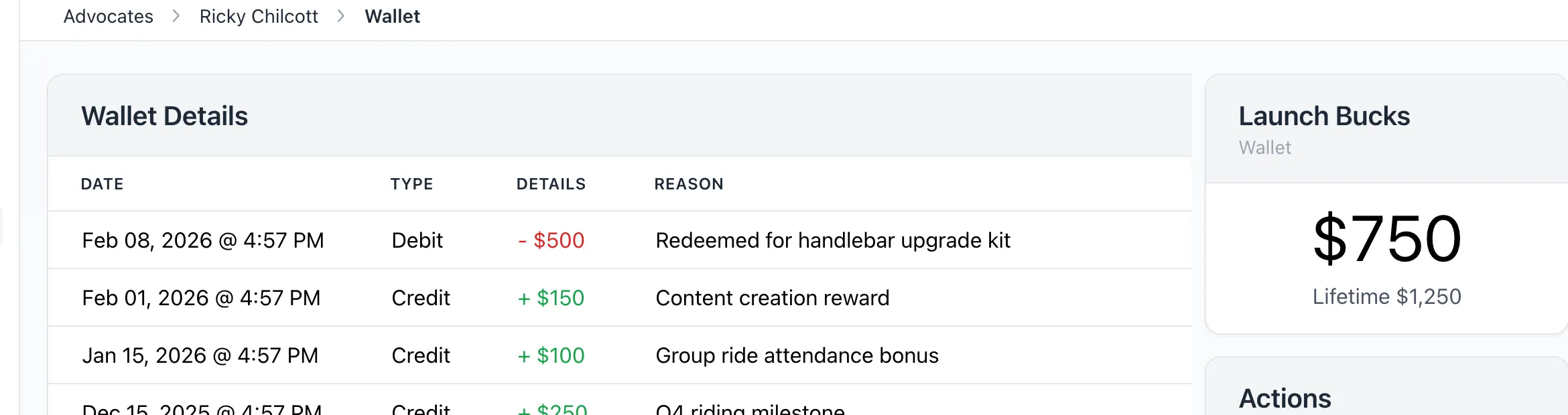 Wallet transaction history showing reward credits for referrals, content creation, and milestones alongside Launch Bucks balance